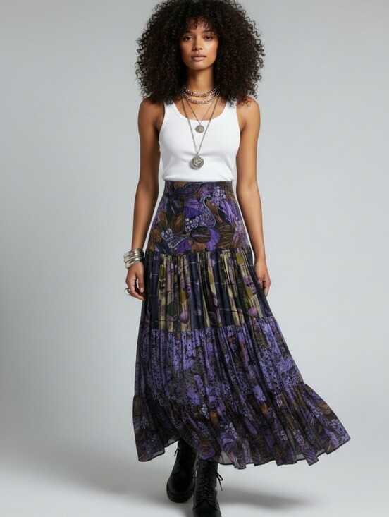 Jackelen Dresses & Skirts - Jackelen 90s Tiered Maxi Skirt In Purple And Brown Size XL